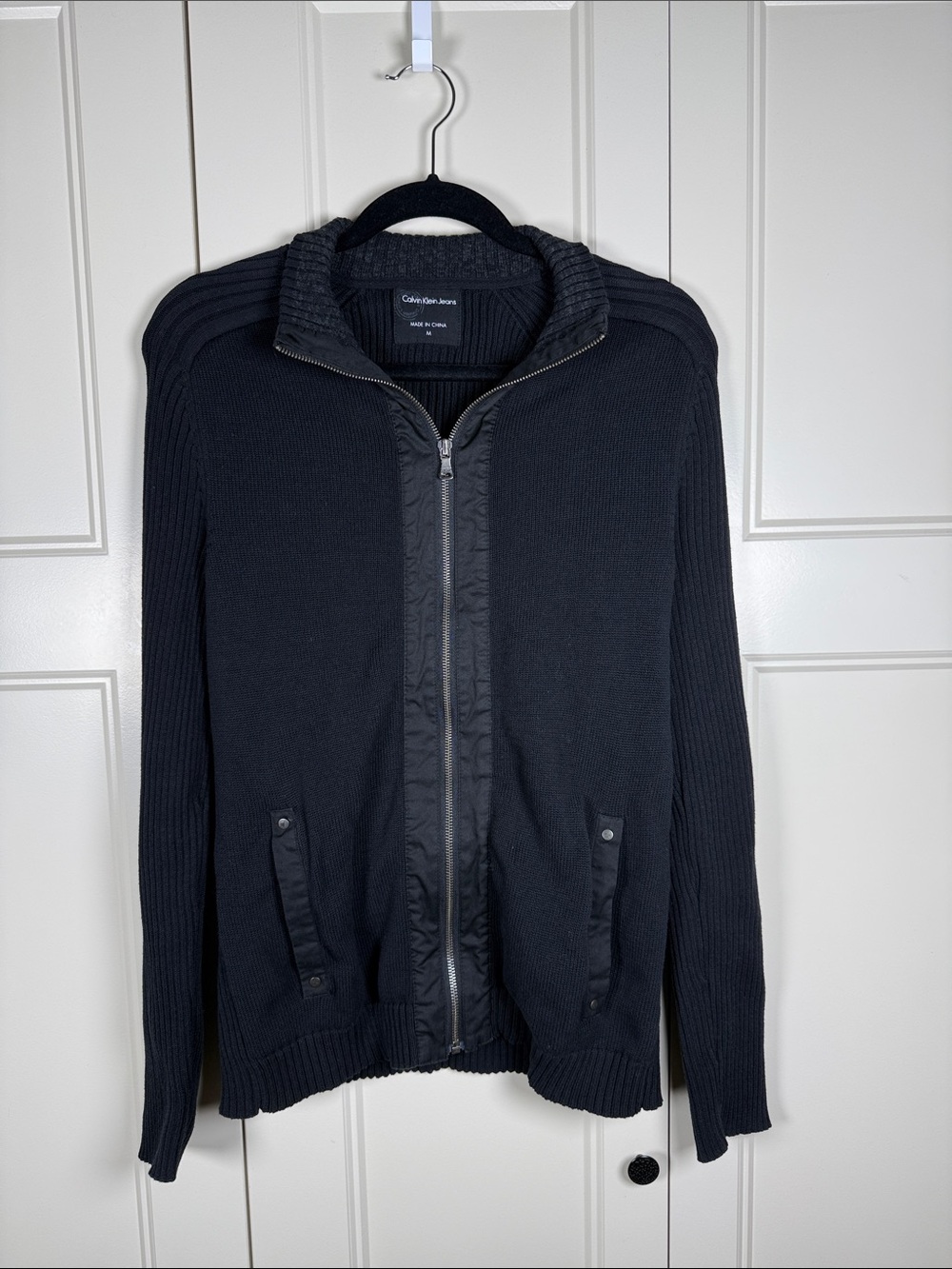 Calvin Klein Men's Black Full-Zip Ribbed Knit Jacket Size M